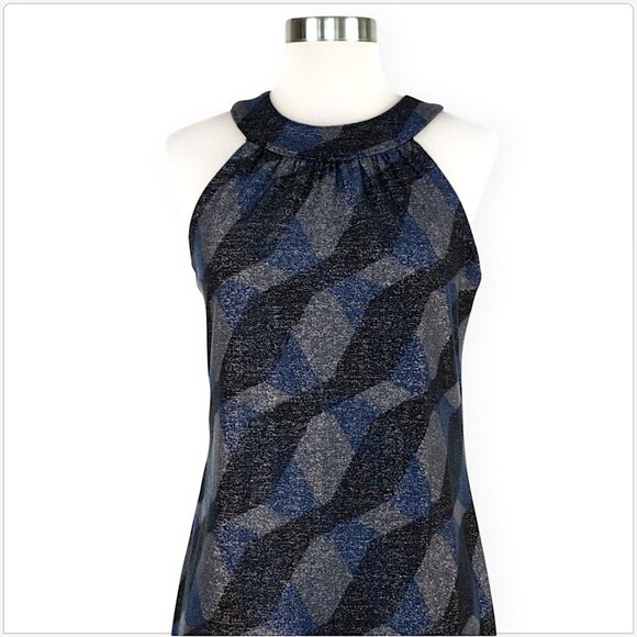 Elie Tahari Briggite Metallic Shimmer Print Blue Gray Black Knit Shift Dress 2 - Picture 3 of 5